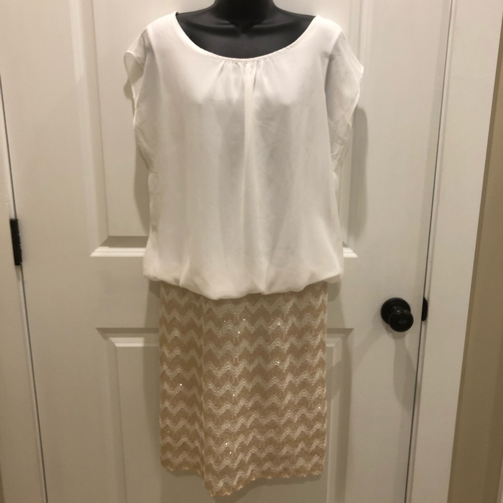 NWT! Sz 10 Karin Stevens white/champagne dress